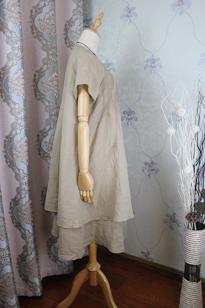 Summer dress, Loose Fitting dress, Khaki midi Dress, blue linen dress, Layered Linen Dress image 3