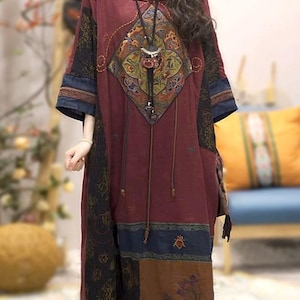 Dark Red Linen Maxi Dress/ Retro Style with Pockets/ Dress for Women