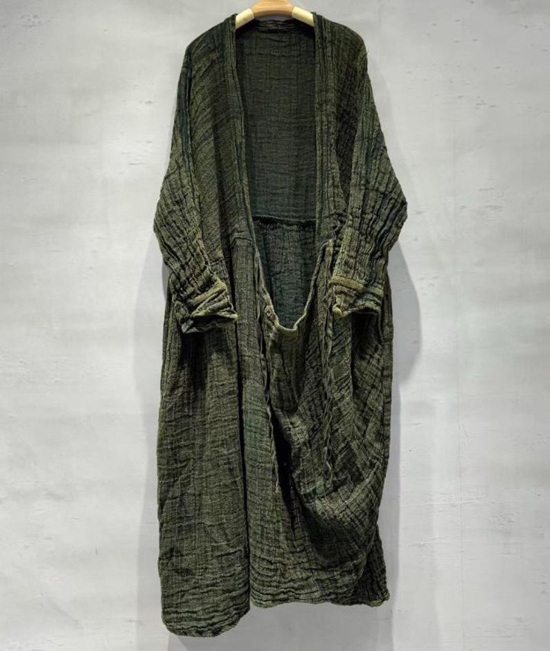 Linen Maxi Dress for Women, Loose Spring Dress with Pockets, Vintage Long Sleeve Dresses Dark green