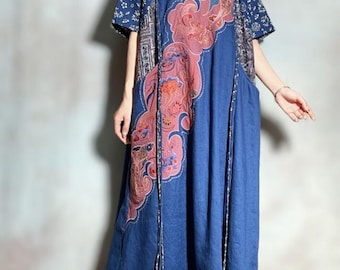Summer Blue Linen Maxi Dress: Loose Fit Square Collar