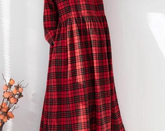 Women Maxi Wool Dress, Wool Kaftan, Winter Dresses, Dress with Pockets, Loose Wool robe, long Retro Dresses, Red plaid Wool dress