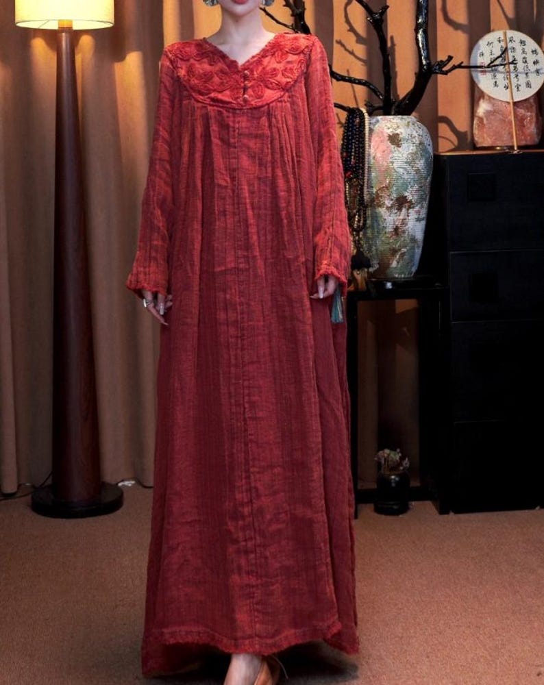 Womens Long Dresses, Linen Maxi Dress with Pockets, Vintage Loose Fit Autumn Dress image 3