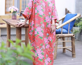 Vestido de verano holgado para mujer, vestidos extragrandes con bolsillos, vestido largo rojo de lino con estampado floral.