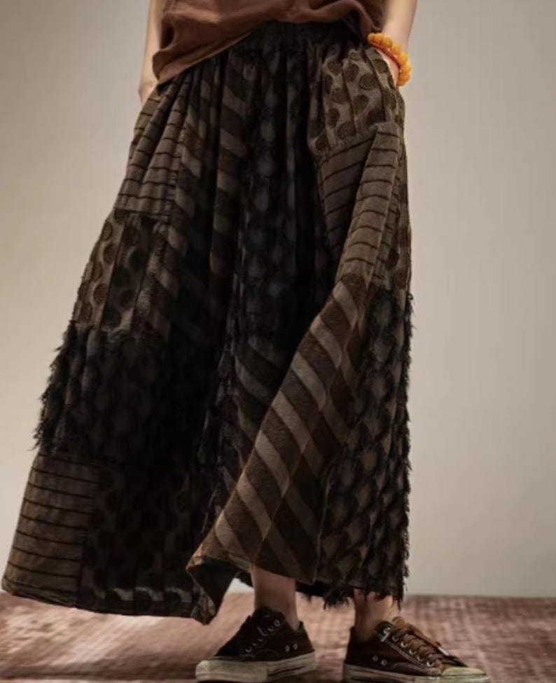 Damskie spódnice lniano-bawełniane w stylu vintage, luźna spódnica letnia, spódnice z kieszeniami Black brown