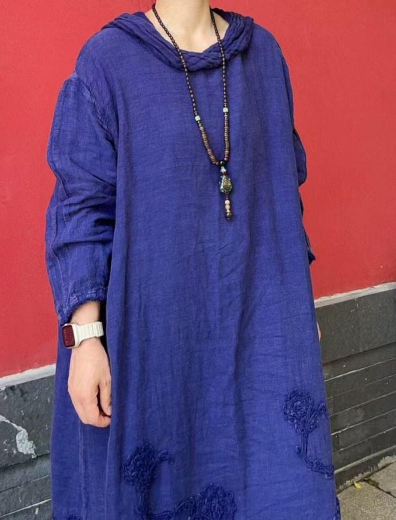 Women Linen Maxi Dress/ Spring Hooded Dresses/ vintage Dress with Pockets image 4