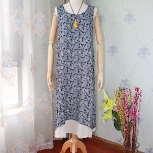 Linen Cotton Summer Dress: Sleeveless Floral Tunic