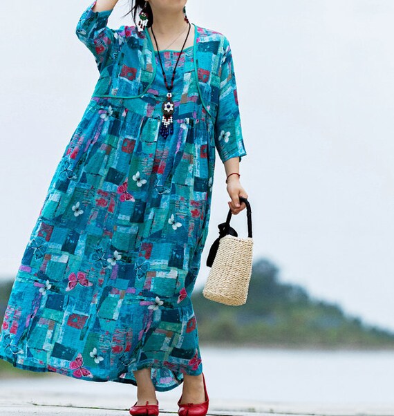 Women long Dresses Cotton Maxi Dress square collar robe | Etsy