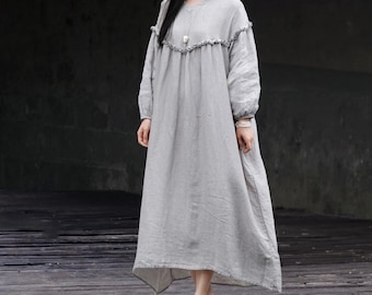Women's  Long Linen Dress, Loose light grey Dress, Women Dresses with Pockets