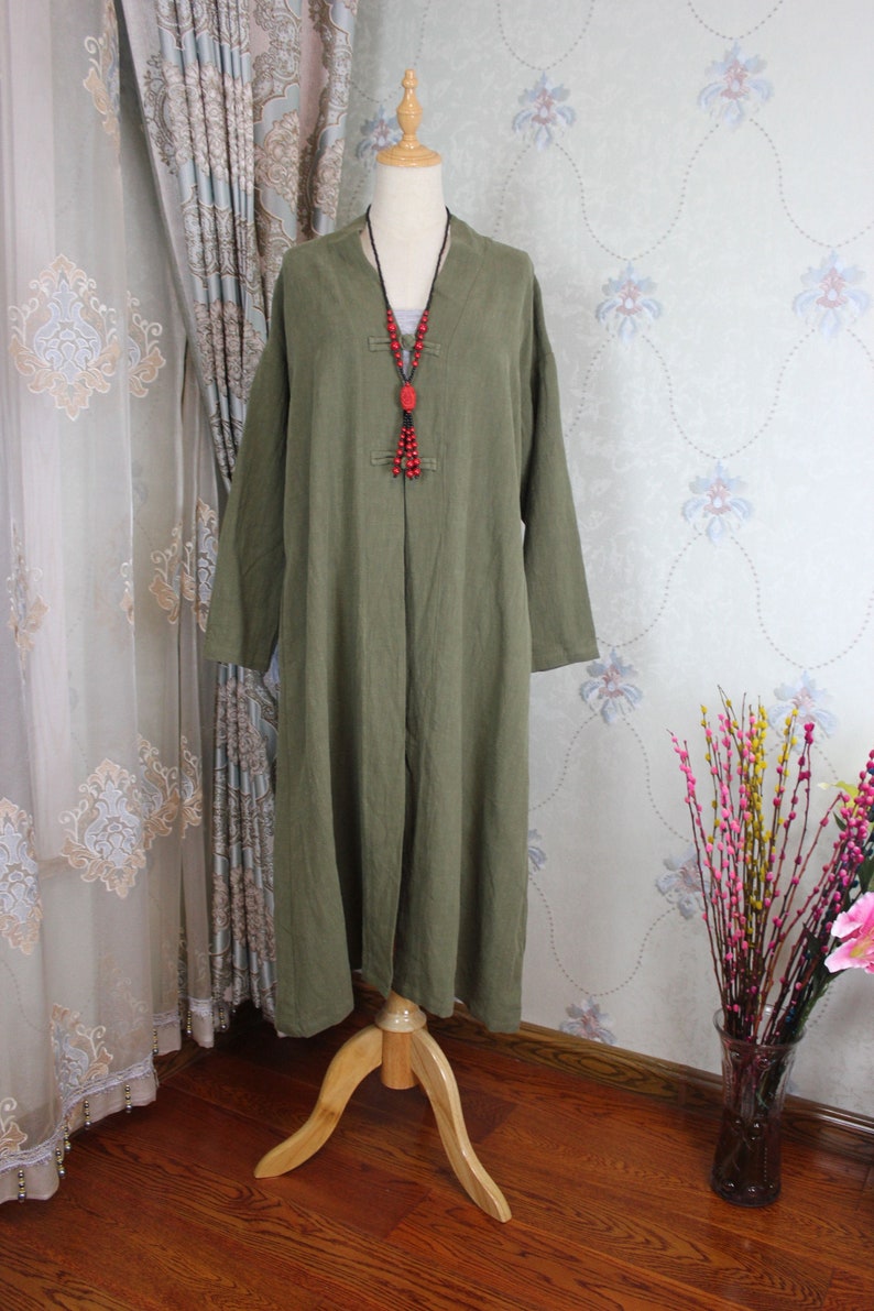 Linen Loose Fitting shirt, Spring Women gown, long Coat shirt, Army green Linen Cardigan, Linen Blouse for Women image 2