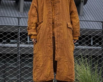 Womens Linen Long Winter Coat, Oversized Padded Outerwear, Retro coat for women