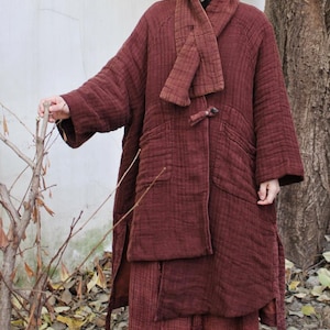 Women Winter Warm Linen Outerwear, Linen Padded Coats/ Loose casual Coat