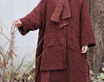 Women Winter Warm Linen Outerwear, Linen Padded Coats/ Loose casual Coat