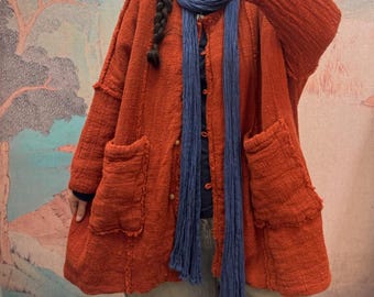 Women Linen Padded Winter Coat, Orange Red Coat with pockets, Warm Jackets