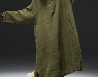 Linen Casual Long Sleeved Maxi Dress, Spring Loose Dresses with Pockets, Autumn Oversized Dress
