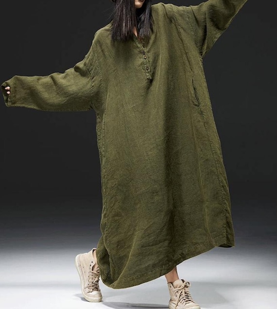 linen autumn casual maxi dress Long Sleeved Dress, Spring Loose Dresses with Pockets, Oversized atr_tb-Top there will inevitably be Current Mood Velour Embroidered Long sleeves Color:VINTAGE BLUE