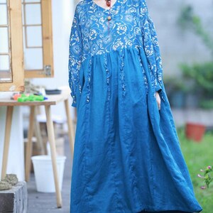 Women blue maxi dress, Linen long dress, loose Dress with Pockets, Prom Dress, Cocktail Dress, Linen Dresses for women, party dress image 2