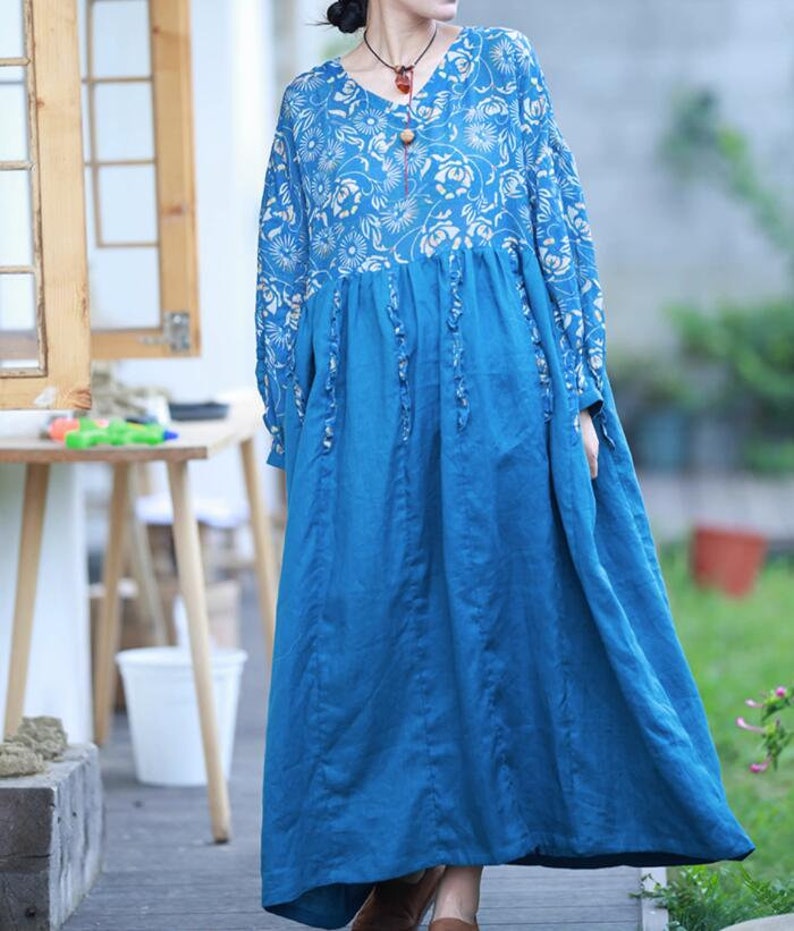 Women blue maxi dress, Linen long dress, loose Dress with Pockets, Prom Dress, Cocktail Dress, Linen Dresses for women, party dress image 2