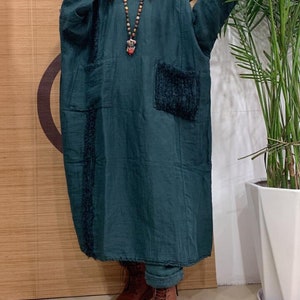 Women Autumn Linen Maxi Dress Loose Long Robe With Pockets