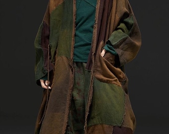 Loose Fit Linen Long Coat, Women Oversized Windbreaker, Retro Tie-front Cardigan