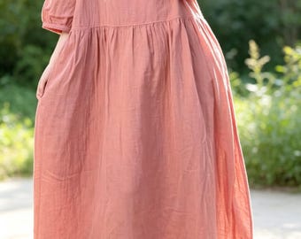 Women Cotton Maxi Dress, Loose Retro Dresses, Summer Dress with Pockets