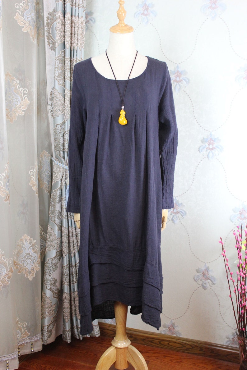 Women cotton long dress, longsleeved dress, Pockets dress, midi Dress, solid color dress image 3