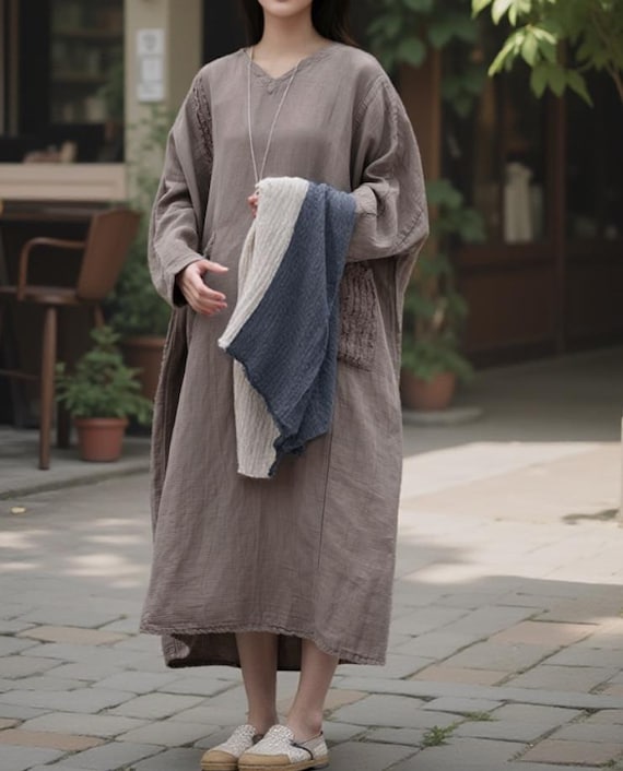 Women's Spring Oversized Long Linen Dress, Grey Dress with Pockets, Dresses for Women Women's Spring Oversized Long Linen Dress, Grey Dress with Pockets, Dresses for Women