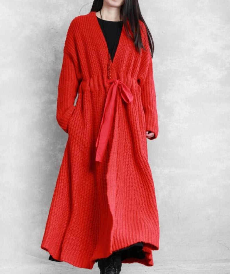 Women Long coat, Sweater Cardigan coat, Waist tie coat, Loose sweater coat, with pockets coat, Women Coat image 9