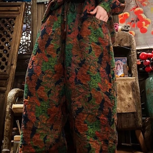 Womens Autumn Linen Wide Leg Pants Retro Style Elastic Waist Long Pants