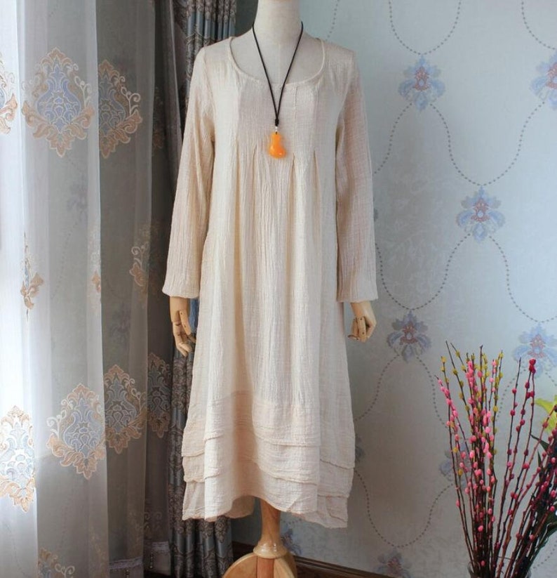 Women cotton long dress, longsleeved dress, Pockets dress, midi Dress, solid color dress image 5