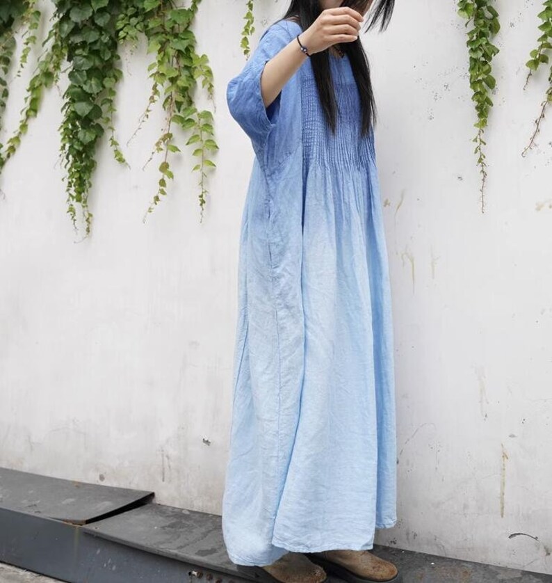 Summer linen maxi dress, long linen dress, Ombre Dress, Retro Dress, loose linen dress, women's dress with pockets image 4