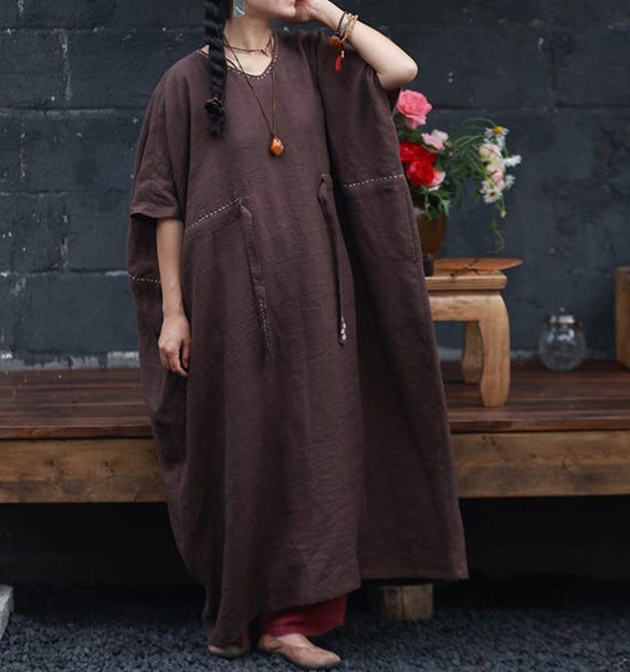 casual loose fitting dresses Women Linen Long Dress, With Pockets, Summer Fit Dress, Women's Loose Robe 2cm differs due to VILA sleek satin halter coo: China Size:6X-Large-14/16 summer loose dress