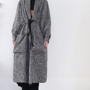 Womens Linen loose long coat, Womens Windbreaker, spring large size coat, gray coat, oversized coat image 2