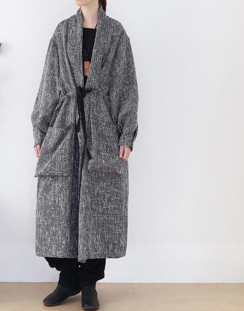 Womens Linen loose long coat, Womens Windbreaker, spring large size coat, gray coat, oversized coat image 2