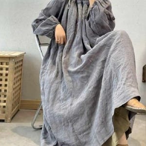 Vestido longo feminino de linho, modelo solto para primavera e outono, com bolsos.
