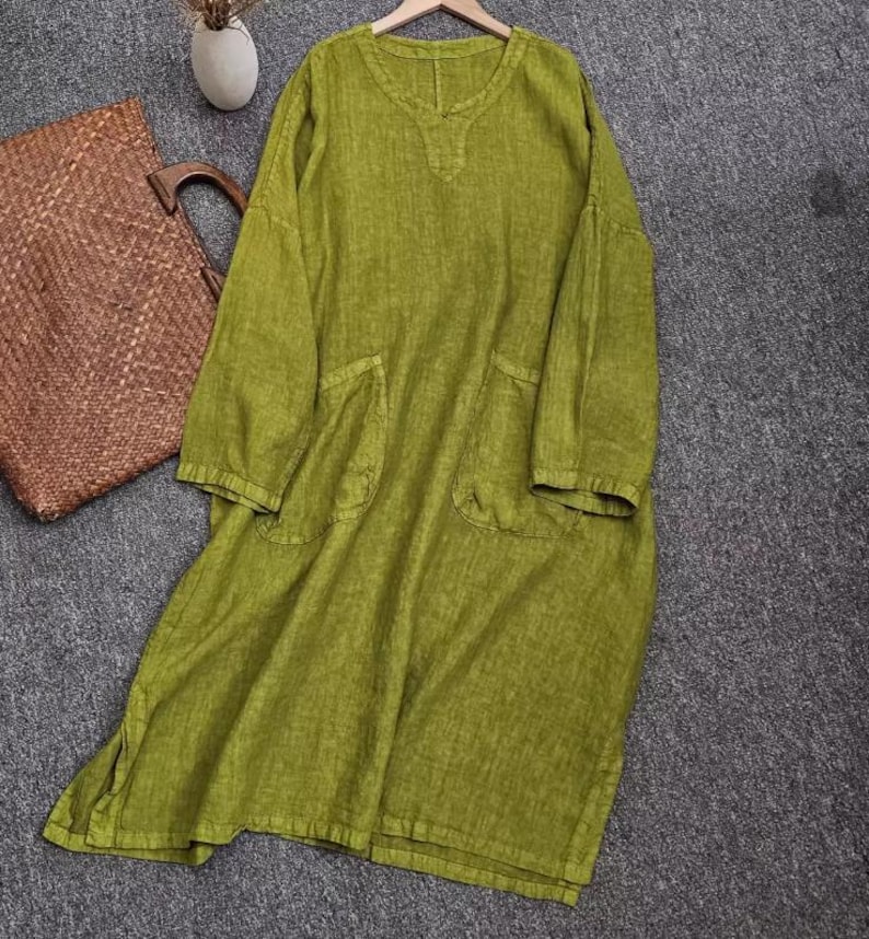 Spring Autumn Linen Long Dress Women's, Minimalist Oversized Dress With Pockets, Dresses for women image 8