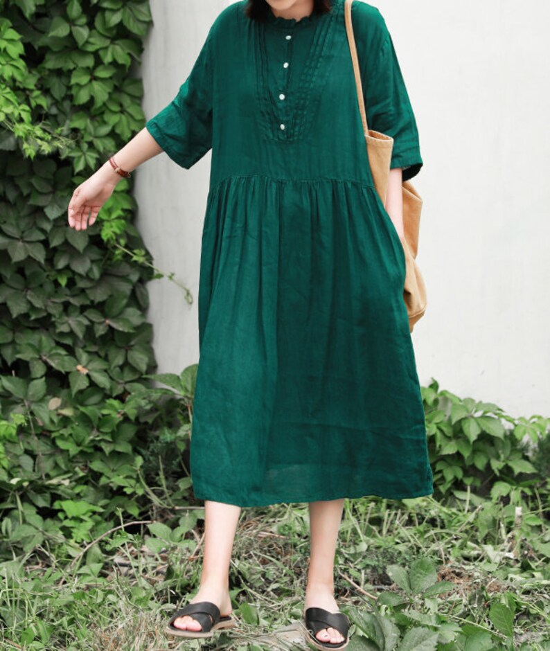 Dark Green dress Women Linen dress summer midi dress Loose | Etsy