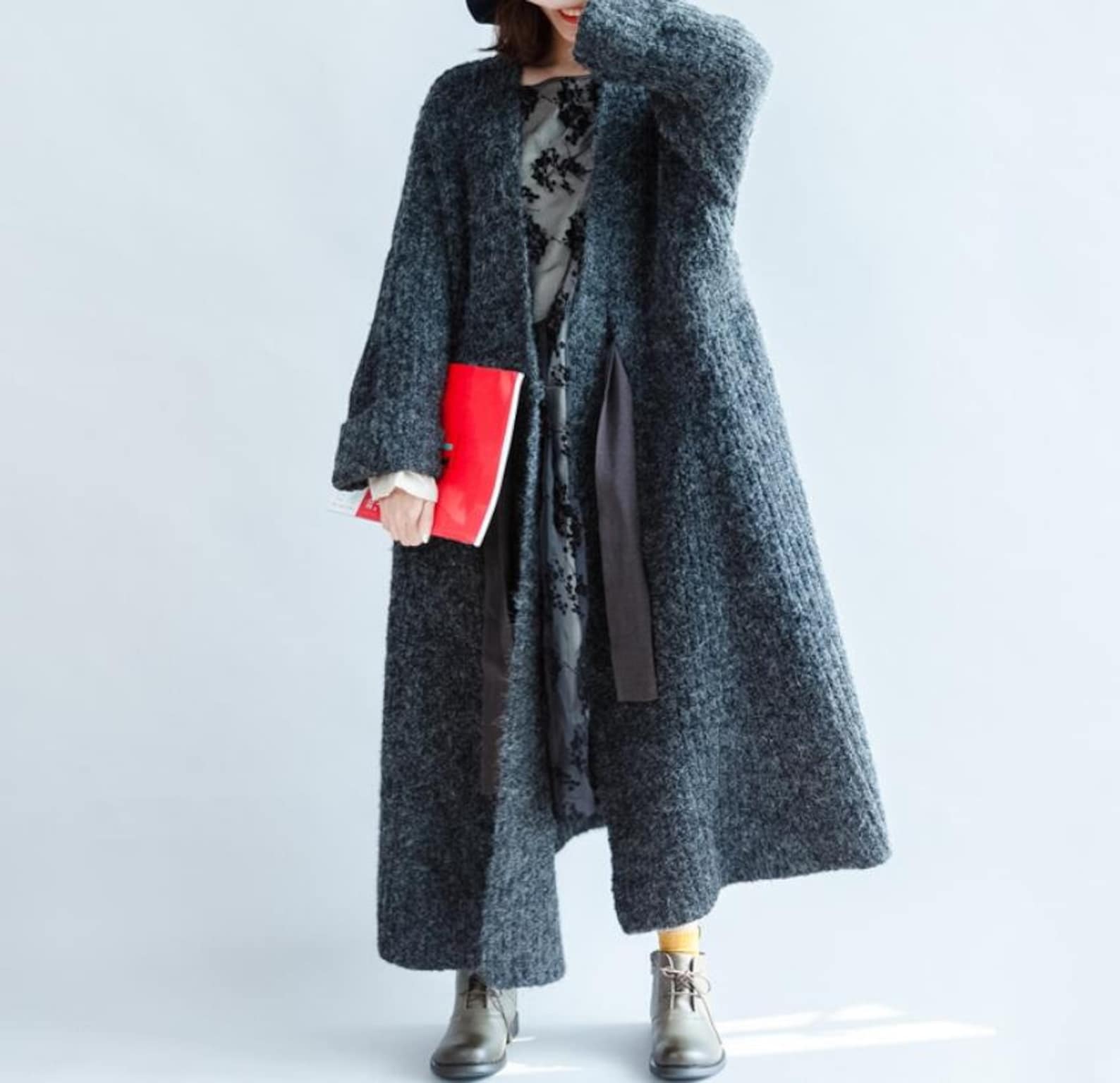 Women long coat Dark gray sweater coat Waist tie long Etsy