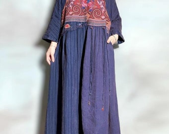 Loose Women Linen Maxi Dress, Spring Retro Dress with Pockets, Dresses fow Women's