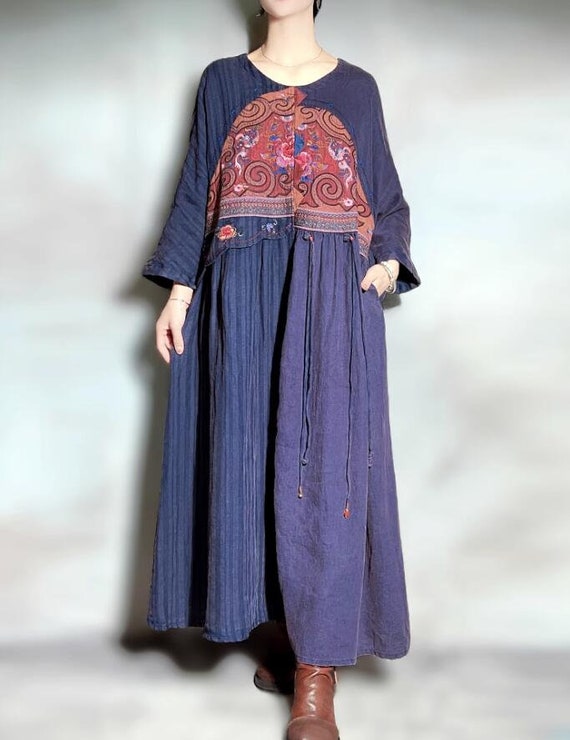 Women Loose Long Linen Dresses Navy Blue Maxi Dress Dresses With