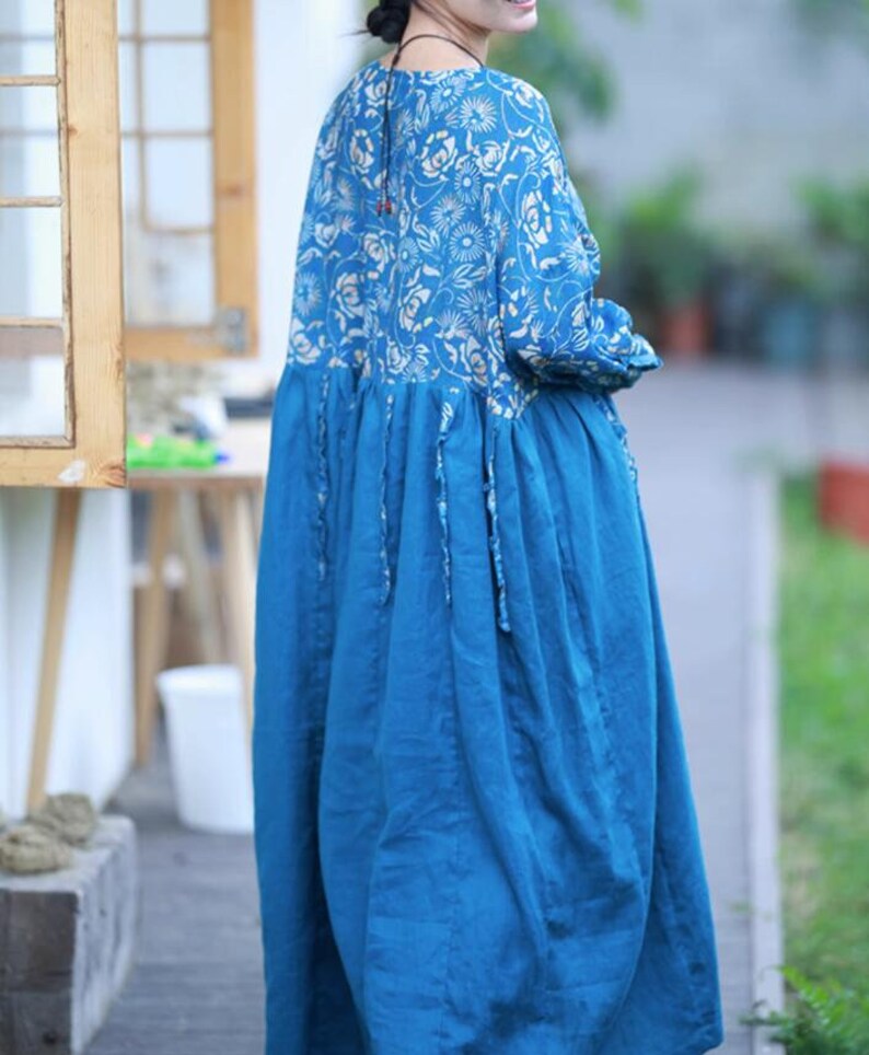 Women blue maxi dress, Linen long dress, loose Dress with Pockets, Prom Dress, Cocktail Dress, Linen Dresses for women, party dress image 8