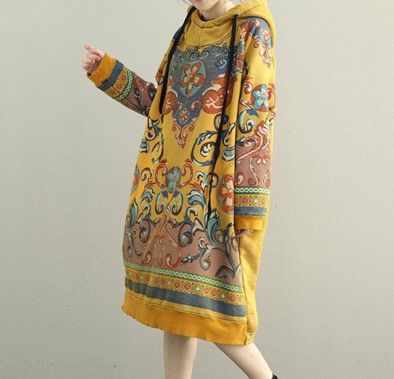 Women Hooded Dresses, Cotton midi dress, longsleeved dress, large size dress, boho dress, Loose dress, women dresses for Spring image 2