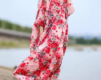 Robe longue en coton, robes d'été pour femmes, robes longues roses, robe longue à fleurs, robe de bal, robe grande taille