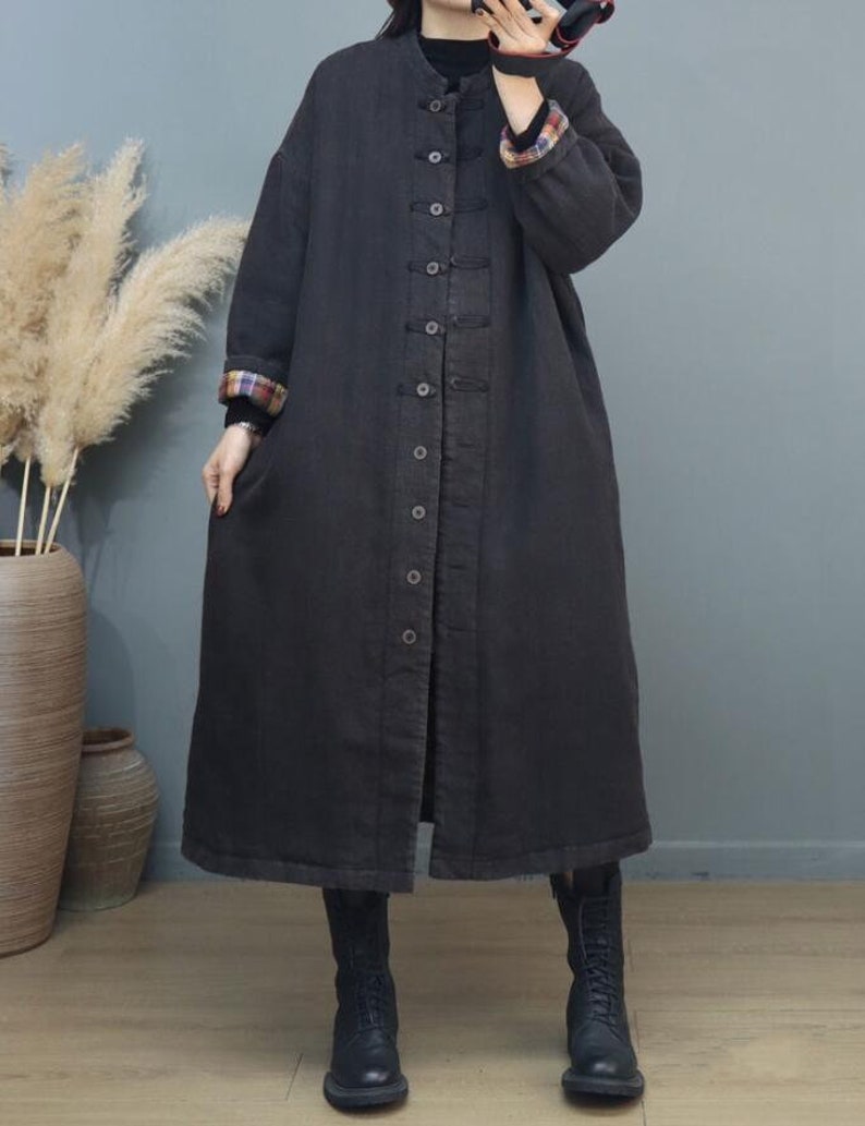 Winter Linen coat, Women Loose Fit Long coat, padded coat, Coat for women, warm linen outerwear, Coats With Pockets image 1