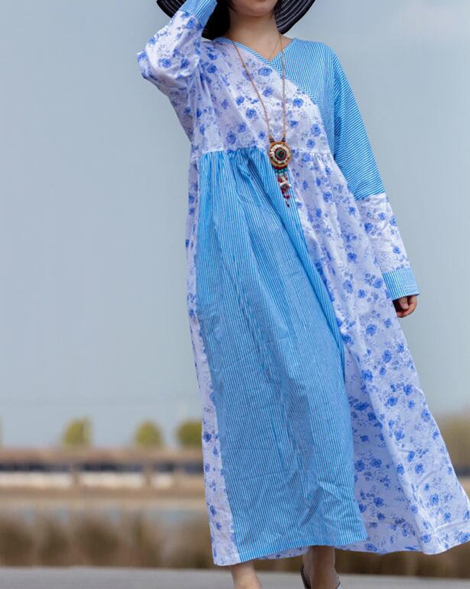 Womens Cotton Long Dresses Large Size Dresses Longsleeve Etsy