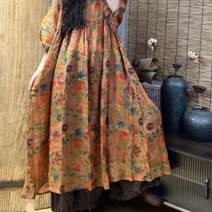 Summer ramie oversized dress, Women maxi dress, Retro dress, Long floral dress, large size dress, prom Long dress
