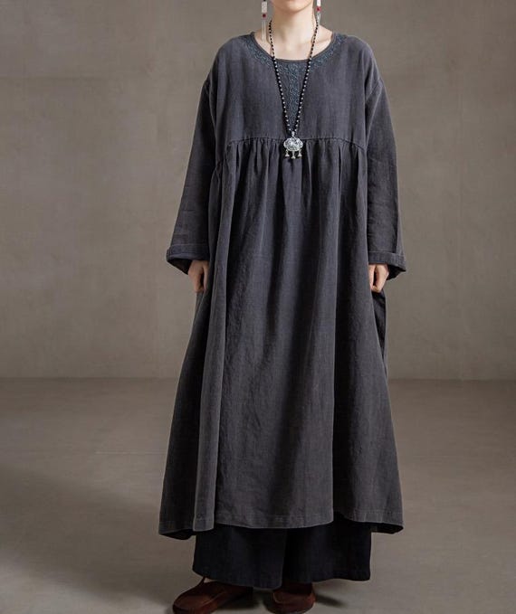 Women's Dark Gray Linen Dress/ Long Casual Dress With Pockets
