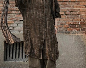 Brown Loose Linen Shirt, Long Sleeve Spring Autumn Top, Women Oversized Blouse