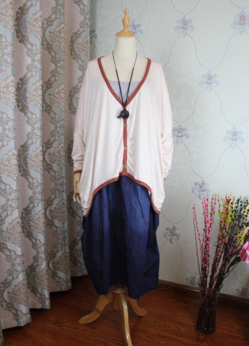 Tunics Beige blouse cotton top Women Oversize Knitted shirt Women Bat shirt