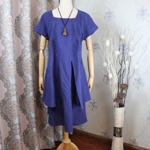 Summer dress, Loose Fitting dress, Khaki midi Dress, blue linen dress, Layered Linen Dress image 2