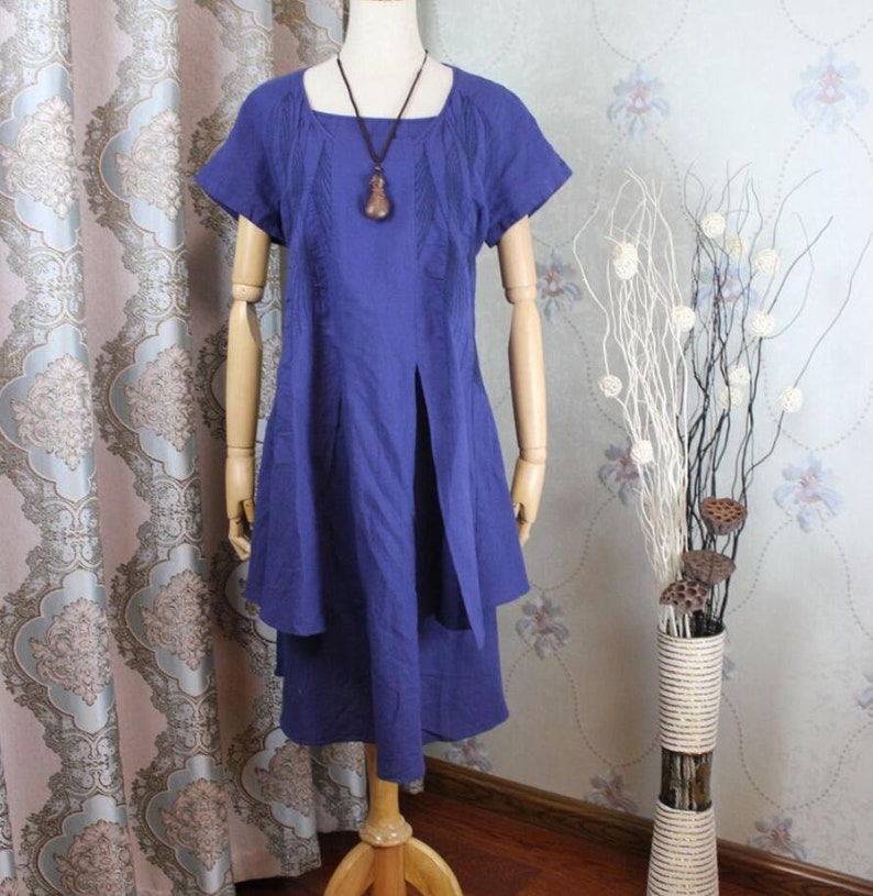 Summer dress, Loose Fitting dress, Khaki midi Dress, blue linen dress, Layered Linen Dress image 2